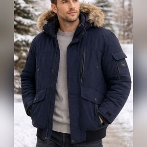 Noize Men's Navy Winter Jacket XL Faux Fur Hood Insulated Parka Coat Blue